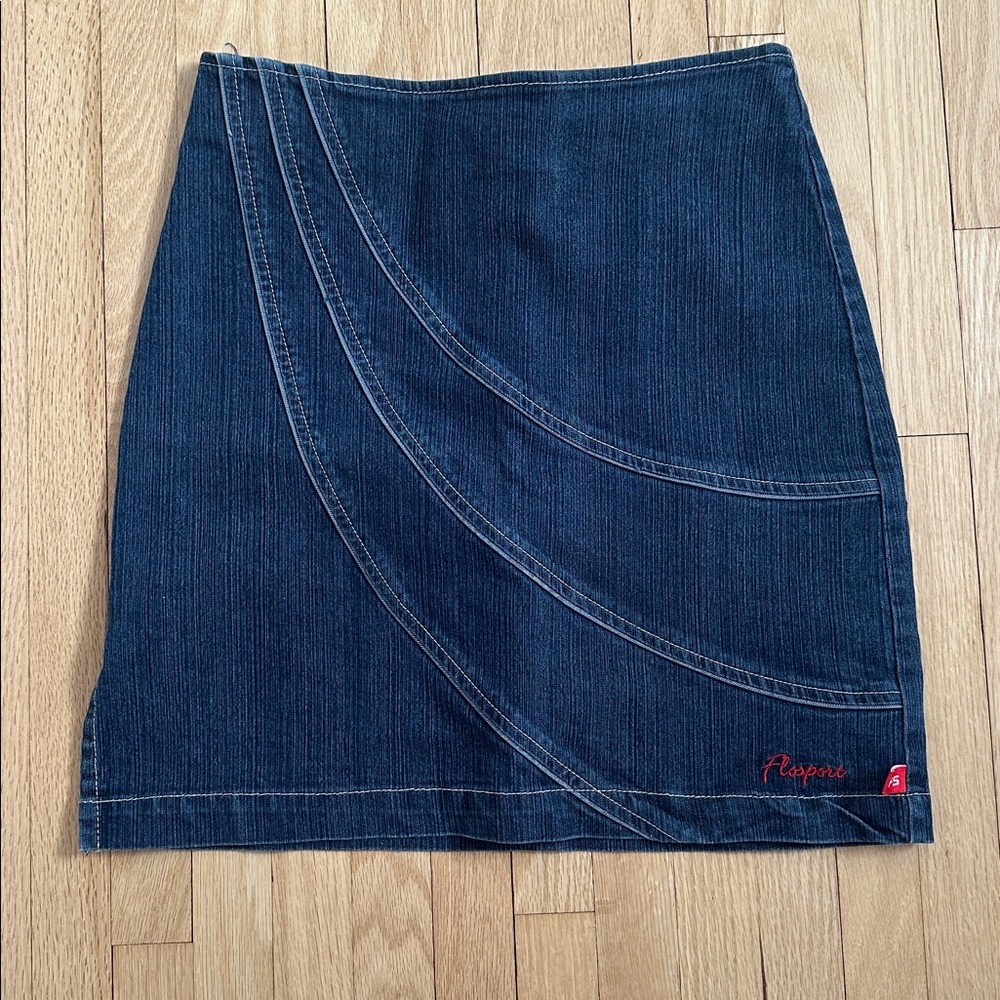 Dark Blue Denim Mini Skirt - Curved Stitch Detail